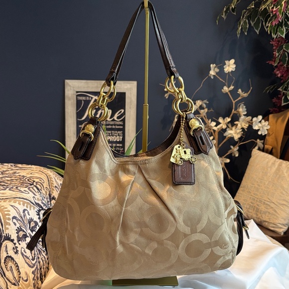 Coach Handbags - Coach Khaki Signature Jacquard Shoulder Bag with Dark Brown Trim